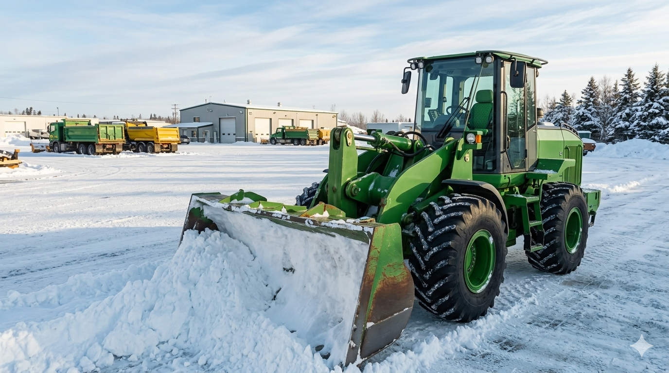 Colts Neck Snow Removal company. Green tractor clearing snow in a snowy lot, with buildings and equipment in the background