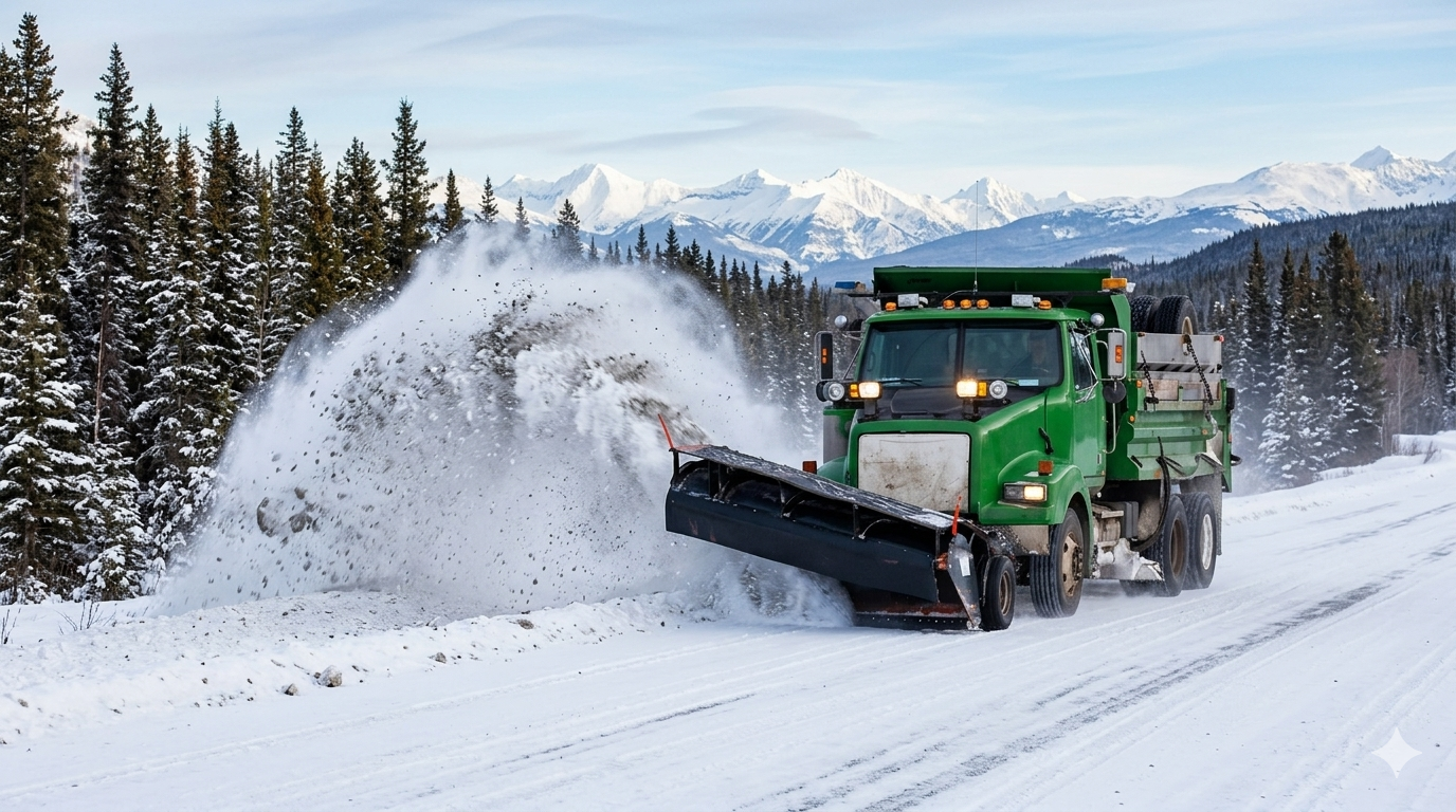 Green snowplow clearing a snowy mountain road, spraying snow beside pine trees and distant peaks