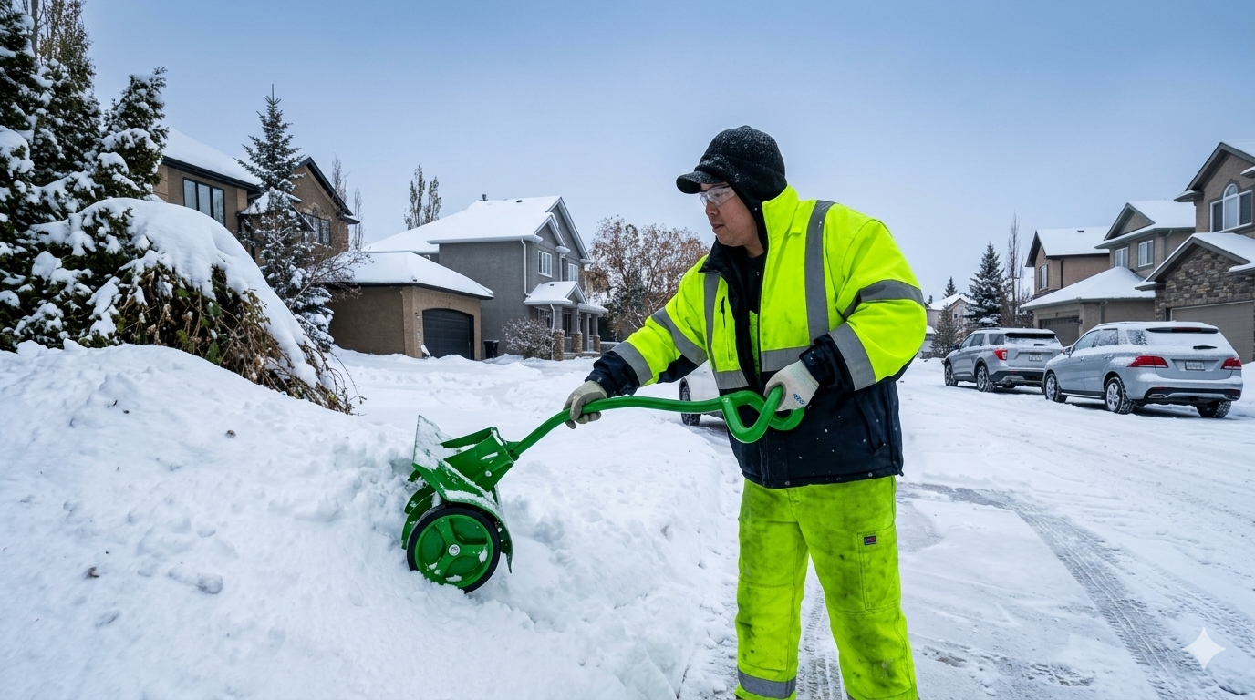 Person in neon winter gear using a green snow blower on a snowy suburban street