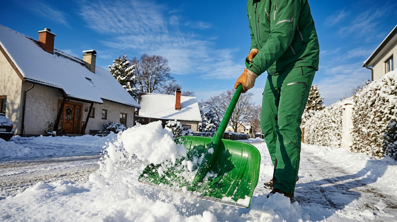 Snow Removal in Holmdel. Person shoveling snow with a green shovel on a snowy residential street under a bright blue sky