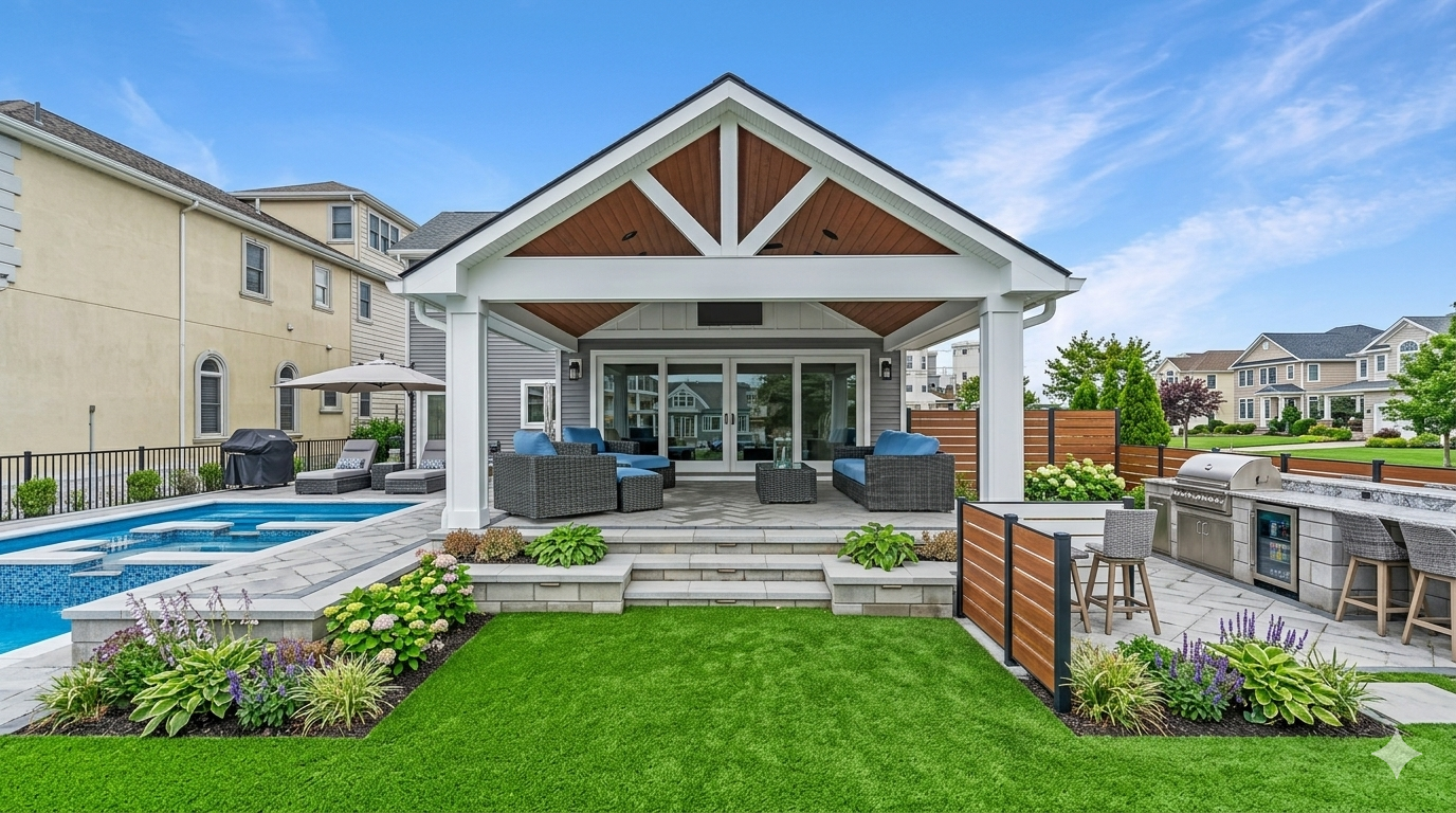 Top Landscaping company for Holmdel. Modern backyard patio with covered seating, pool, green lawn, and neighboring homes nearby
