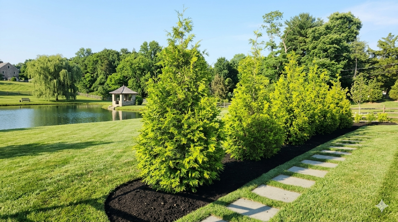 Monmouth County Landscaping Contractor. Lush green garden with shrubs, stepping stones, and a pond with a small gazebo in the background