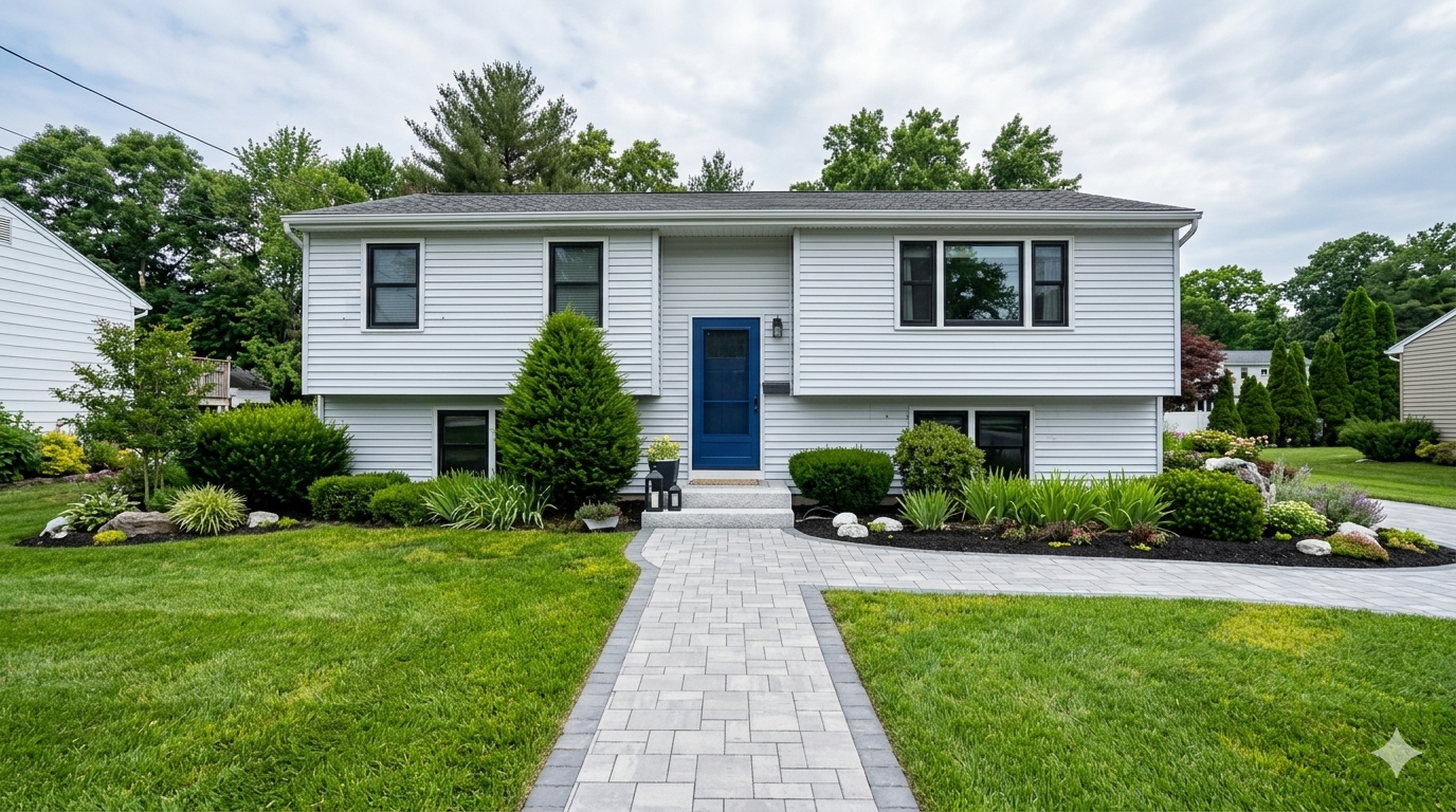 Colts Neck paver walkway. White suburban house with a blue front door, stone walkway, and manicured lawn