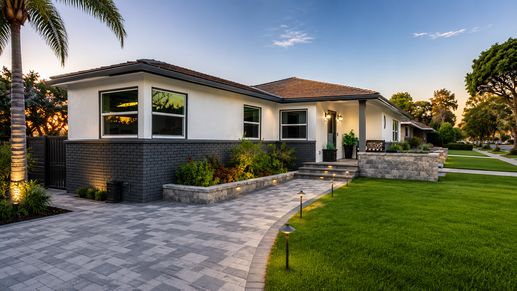 Paver Hardscaping company Holmdel. Modern single-story house with stone exterior, curved walkway, and manicured green lawn at sunset