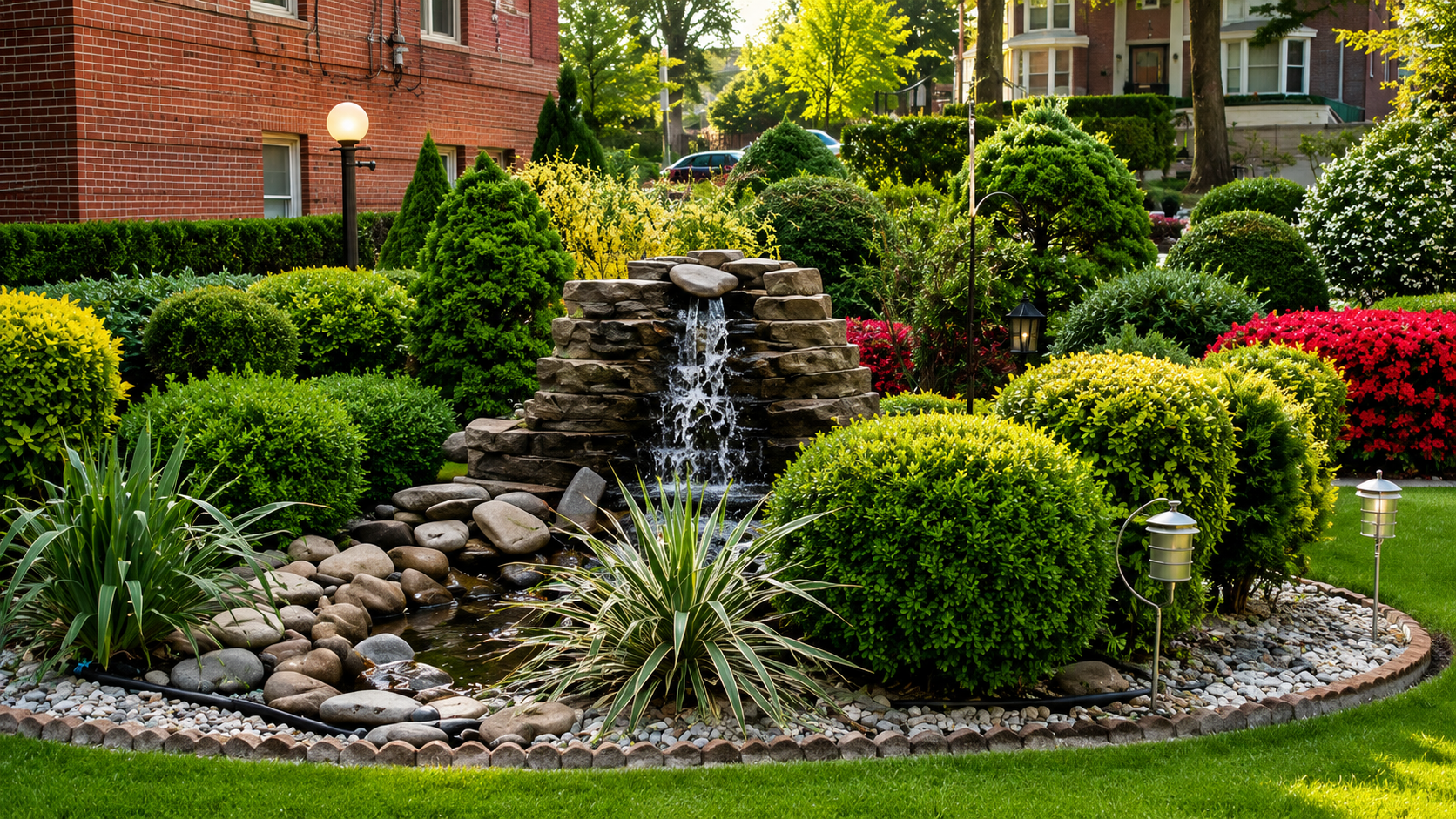 A landscaped garden in Hazlet NJ with a small rock waterfall, shrubs, flowers, and a brick house in the background