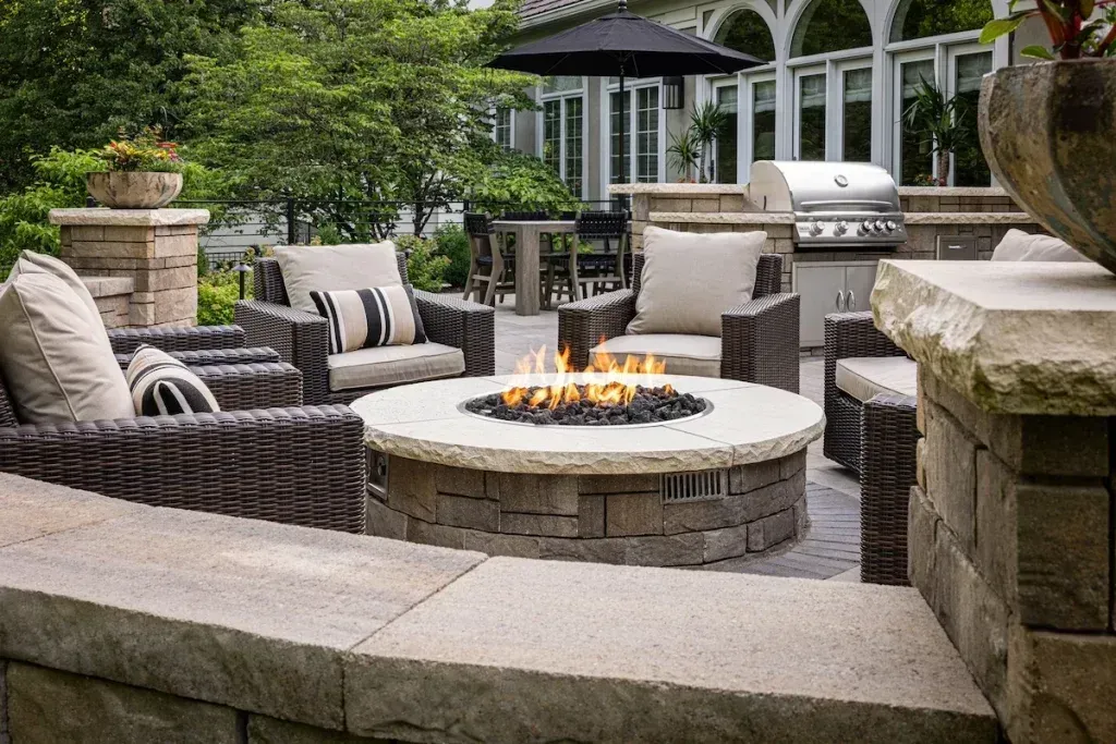 Paver Patio in Middletown NJ lounge with wicker chairs around a stone fire pit in a landscaped backyard garden
