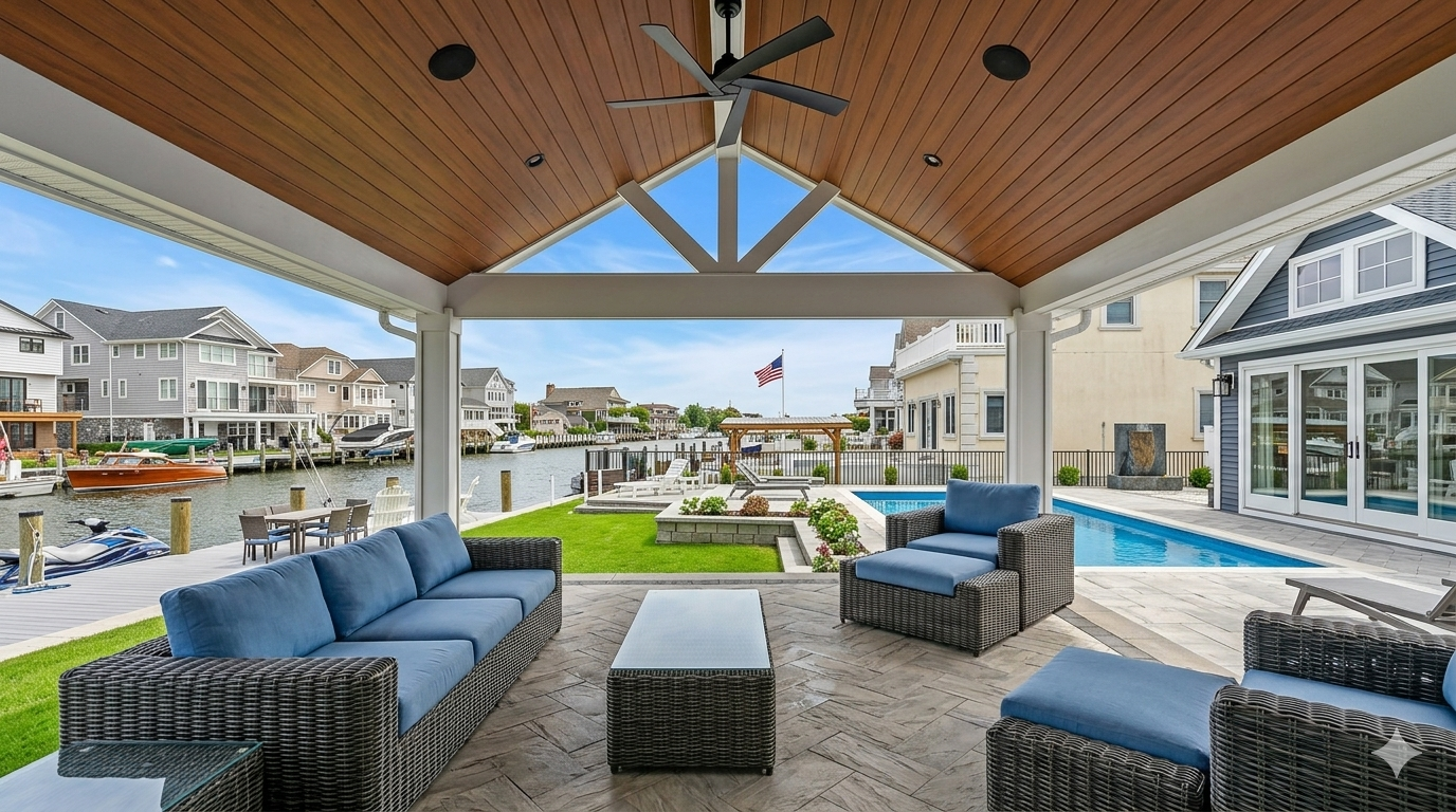 Outdoor living contractor in Holmdel. Covered patio with blue sectional seating overlooking a backyard pool and neighborhood homes