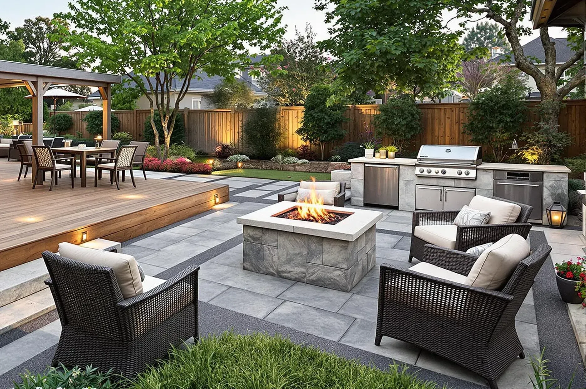 Pavers in Atlantic Highlands NJ. Modern backyard patio with fire pit, wicker chairs, dining table, and built-in outdoor kitchen