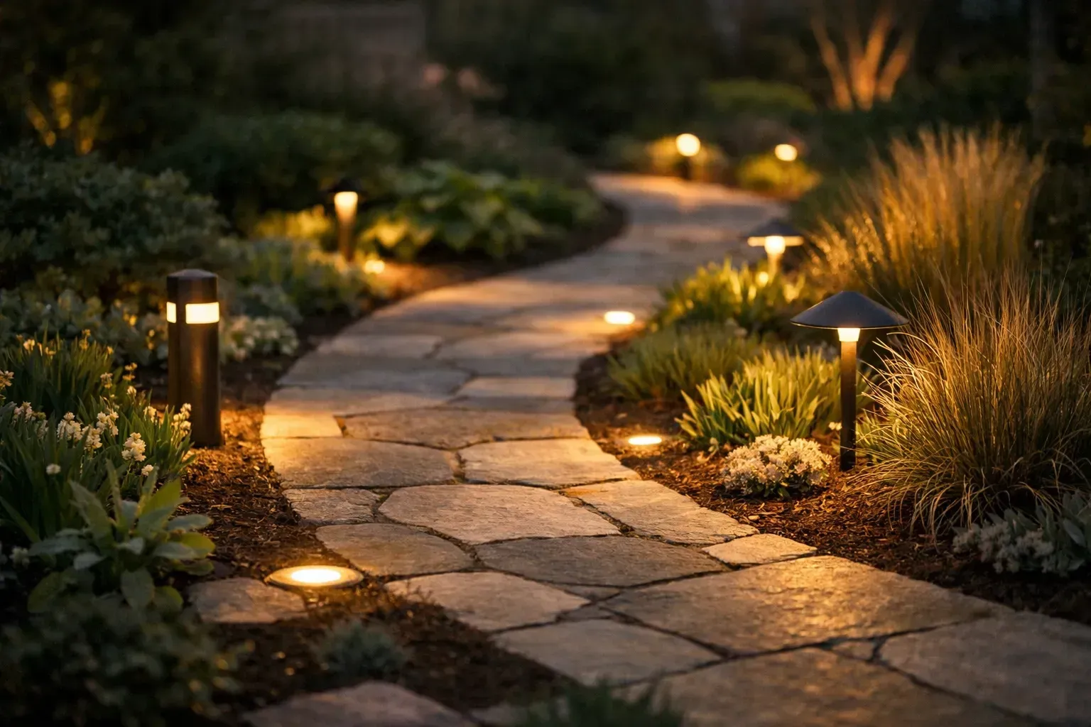 Landscape lighting in Atlantic Highlands NJ. Curving stone garden path lit by warm pathway lights at dusk, surrounded by grasses and shrubs
