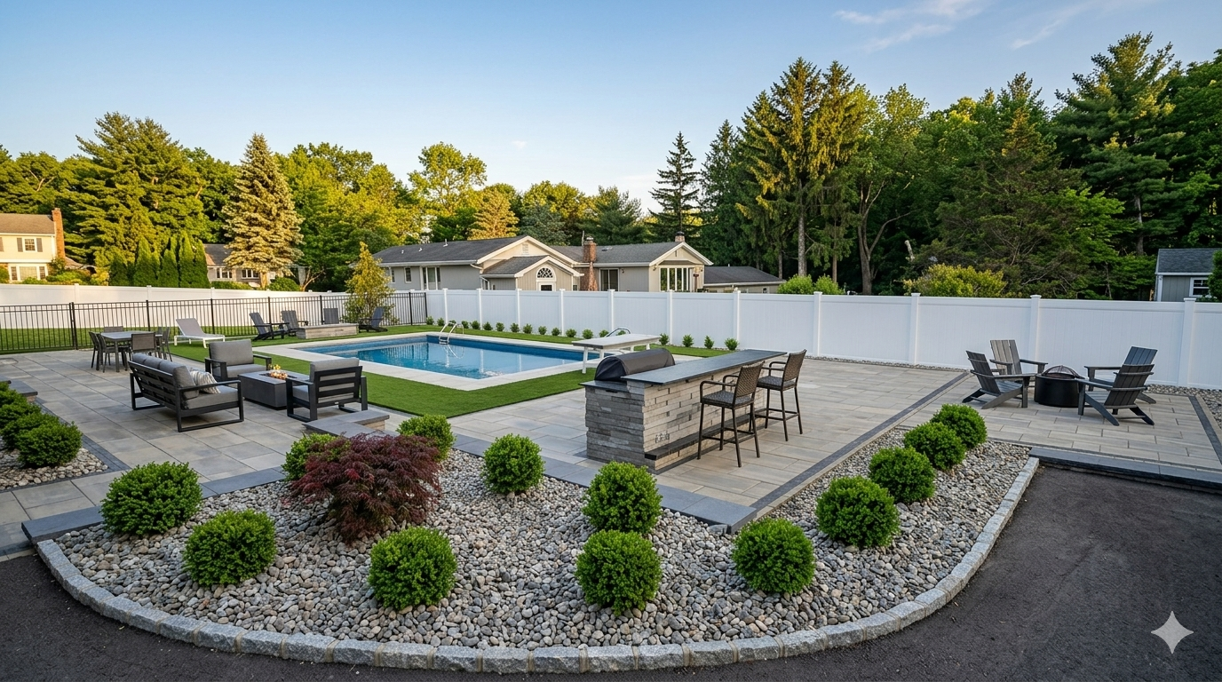 Paver Patio in Little Silver NJ. with fire pit, lounge chairs, and a rectangular pool surrounded by landscaping and a white fence