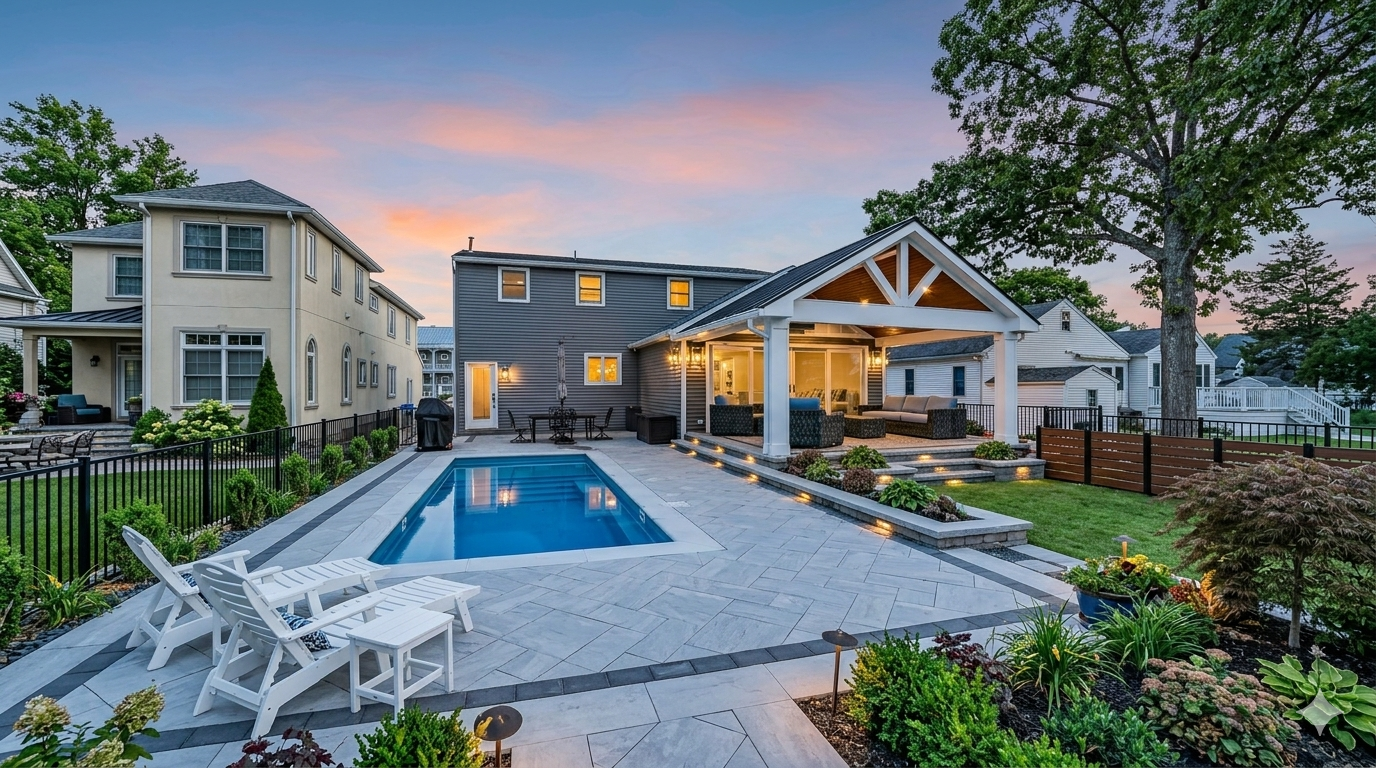 Paver Poolscape in Colts Neck. Modern backyard with a pool, white lounge chairs, and a patio pavilion at sunset.