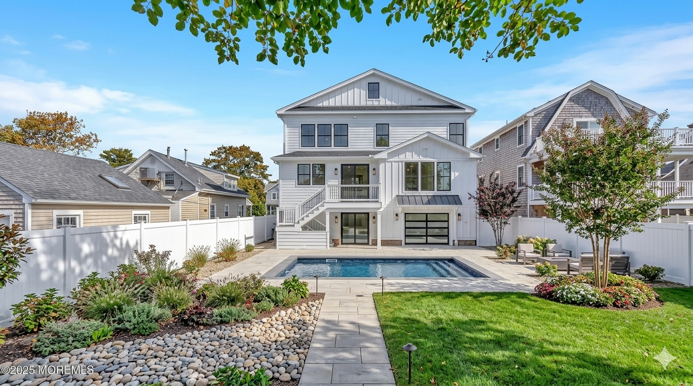 Landscaper in Rumson NJ. Two-story gray house with white trim, front yard garden, and stone walkway under a blue sky