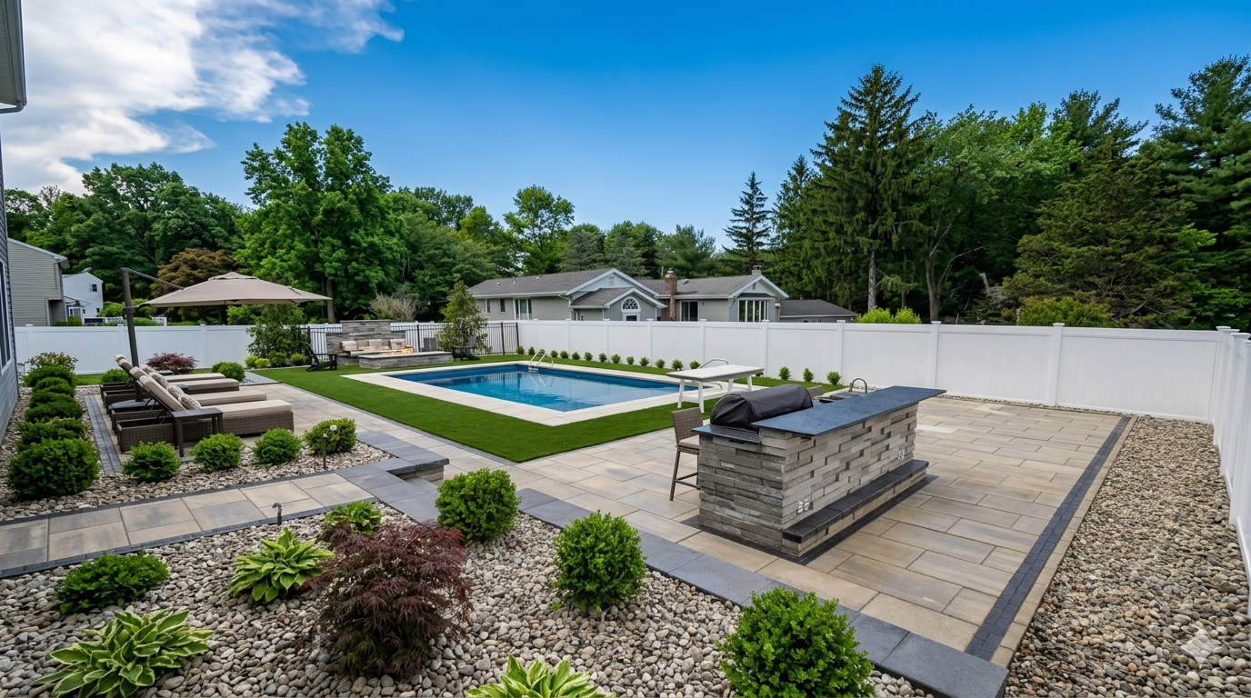 Landscape Companyt in Little Silver . Modern landscaped backyard with pool, patio, fire pit, and white fence under a blue sky