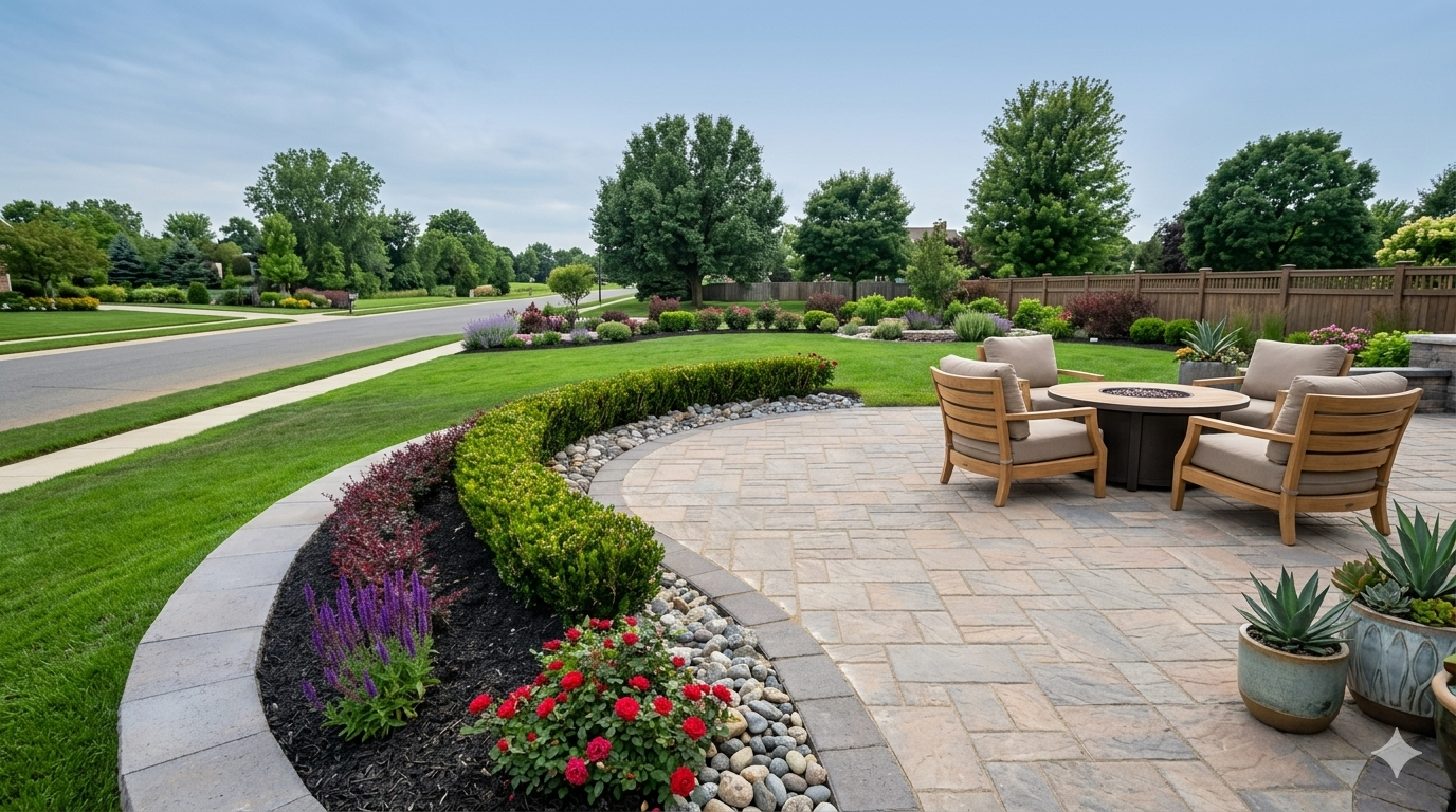Little Silver NJ LandscapingCurved landscaped patio with wicker chairs, stone pavers, and flower beds beside a grassy road.