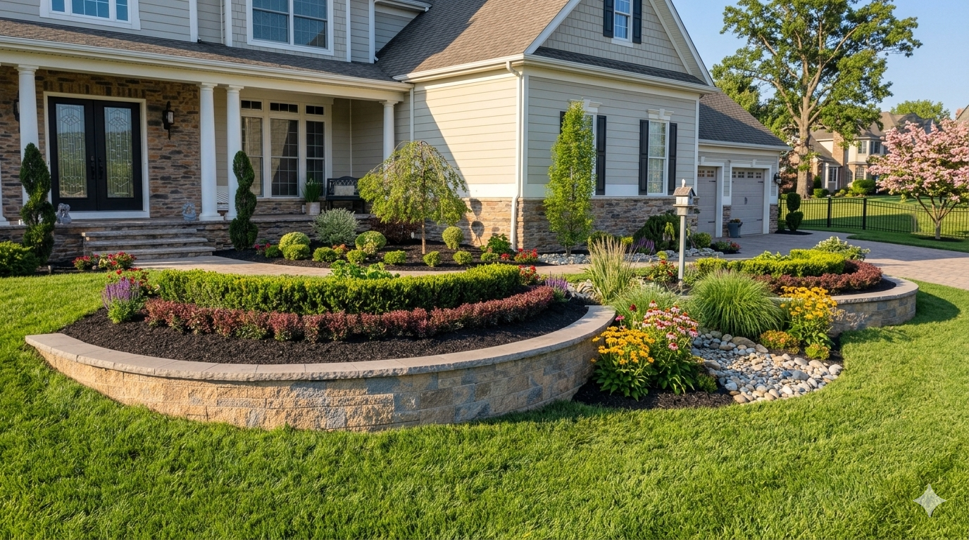 Local Landscape Company in Colts Neck. Landscaped suburban house with stone retaining walls, flower beds, and a green lawn