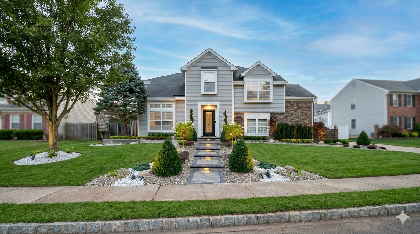 Hardscaping for Holmdel. Suburban house with gray siding, stone accents, and landscaped front yard at dusk