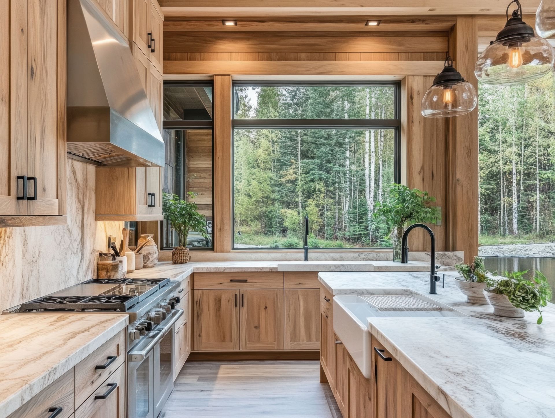 Eine Küche mit Holzschränken, Herd, Spüle und großem Fenster.