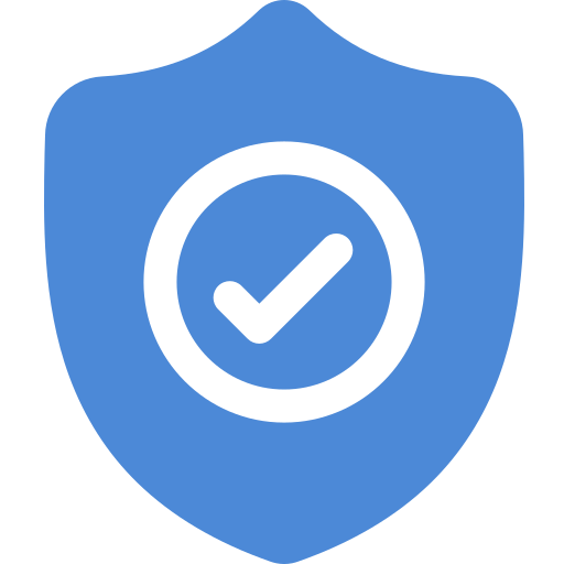 A blue shield with a white check mark inside of it.