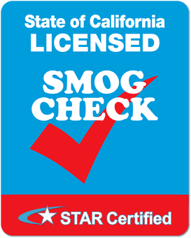 California licensed smog check sign with red checkmark and STAR Certified badge on blue background