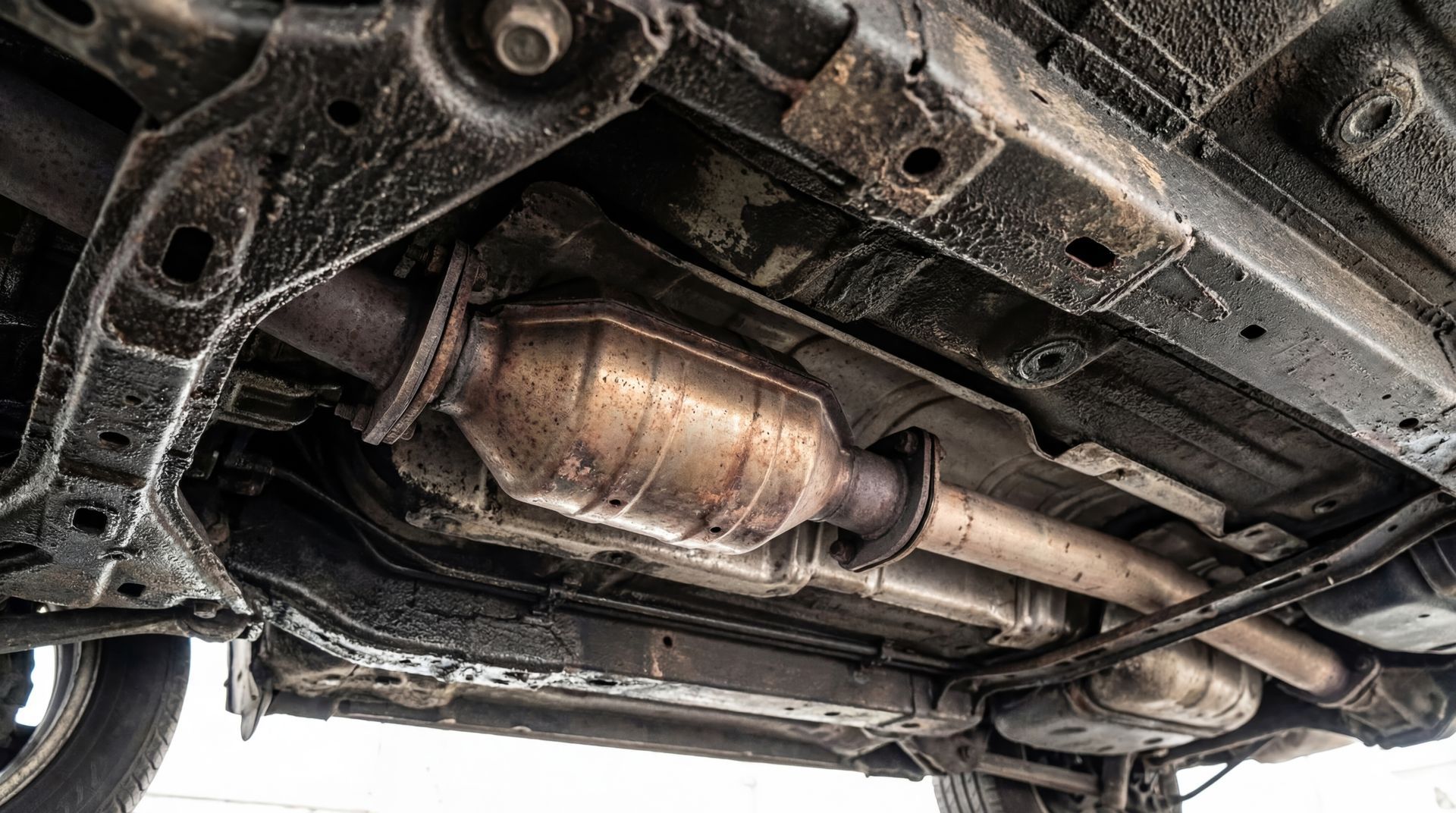 Undercarriage of a car showing the exhaust system and catalytic converter on a lift
