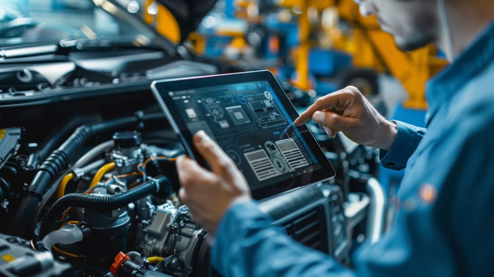 Mechanic using a tablet to diagnose an engine in an auto repair shop