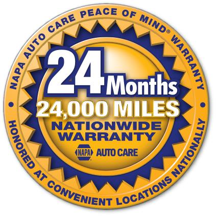 24 months, 24,000 miles nationwide warranty badge in blue and gold for NAPA Auto Care
