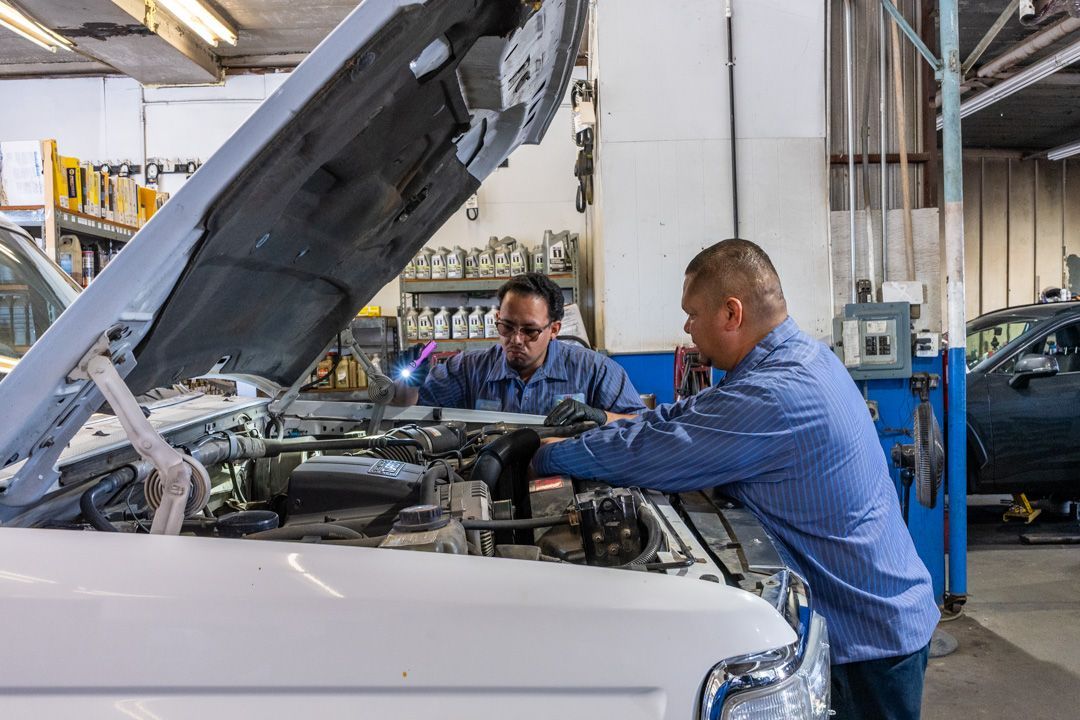 Mechanics working on a white car with hood open in an auto repair shop