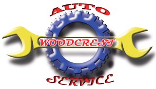 Woodcrest Auto Service logo with blue gear, yellow wrenches, and red text on white background