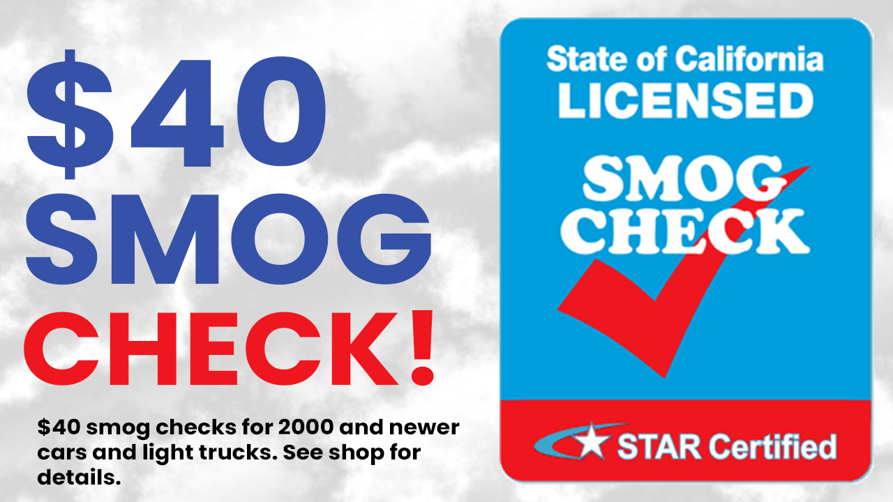 $40 smog check ad with blue and red text and a California licensed Star Certified badge