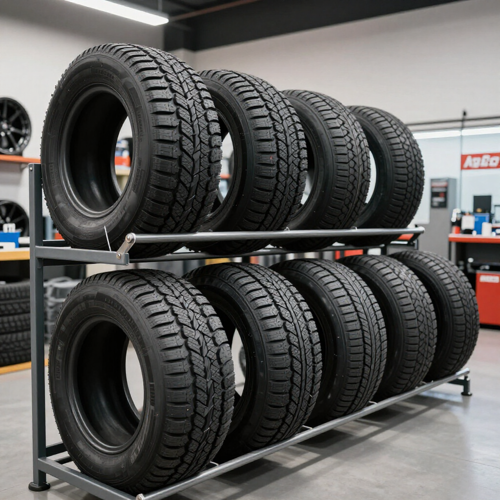 Two rows of black tires stacked on metal racks in an auto shop showroom