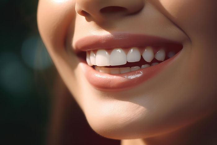 Un primo piano del sorriso di una donna con denti bianchi.