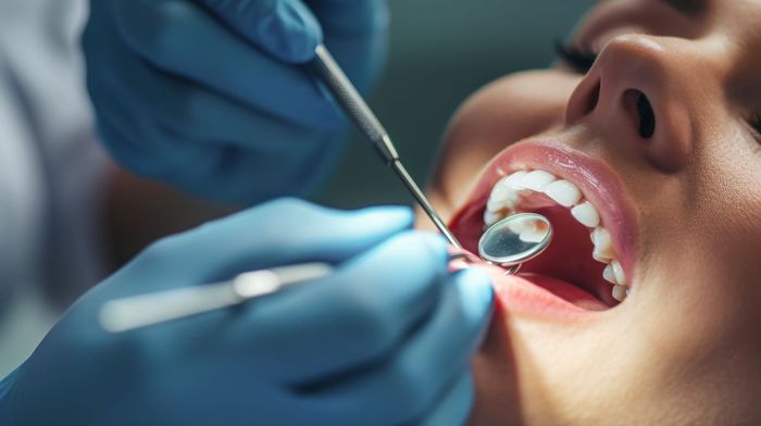 Un dentista utilizza uno specchio e uno strumento per esaminare la bocca aperta di un paziente durante una visita di controllo.
