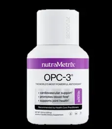 Bottle of nutraMetrix OPC-3 dietary supplement with a label promoting cardiovascular support and joint health.