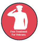 Red circle with white silhouette of a saluting veteran, text reads Free Treatment For Veterans.
