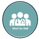 Teal circle with white staff icon: Three people, one with stethoscope, text Meet Our Staff.