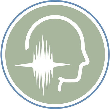White outline of a head with sound waves inside, inside a green and blue circular logo.