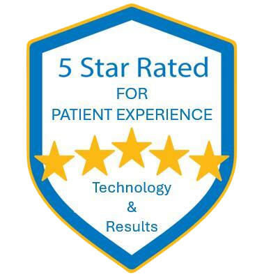 Blue and gold shield badge reading “5 Star Rated for Patient Experience Technology & Results” with five stars