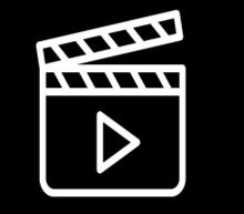 Clapperboard icon with a play button, on a black background.