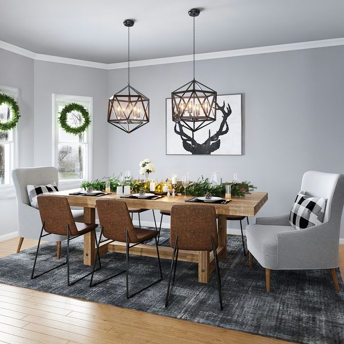 Modern dining room with wooden table, six chairs, pendant lights, gray rug, and deer wall art