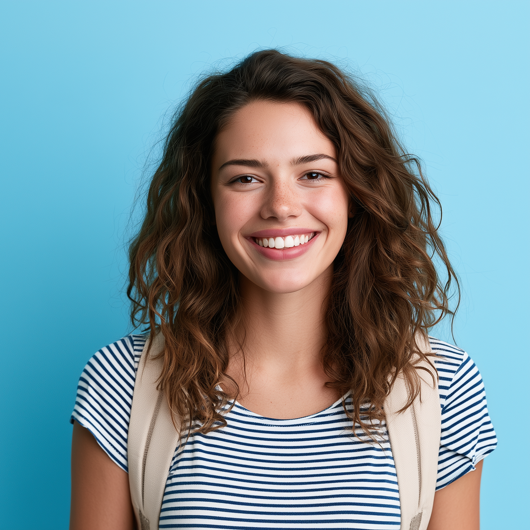 Smiling person with curly hair wearing a striped shirt and beige backpack against a blue background