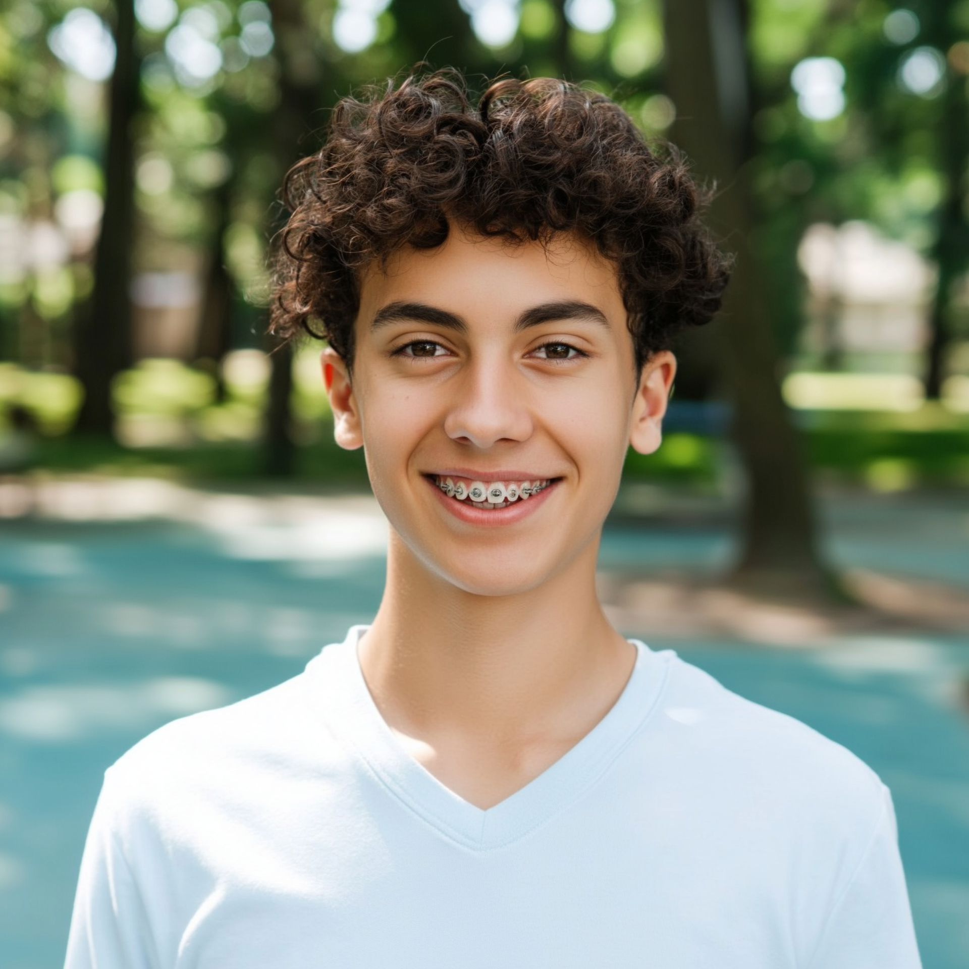 A person with curly dark hair and braces on their teeth smiling, wearing a white v-neck shirt in a park.