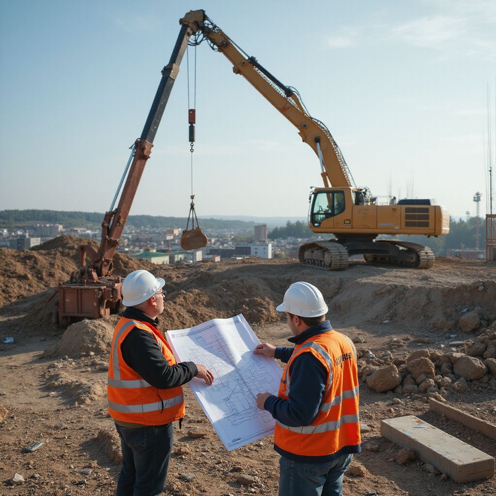 Two construction workers in orange vests reviewing blueprints at a crane worksite