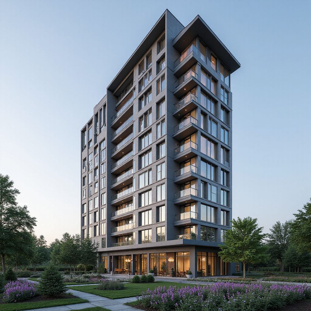 Modern apartment building with glass balconies, lit windows, and landscaped gardens at dusk