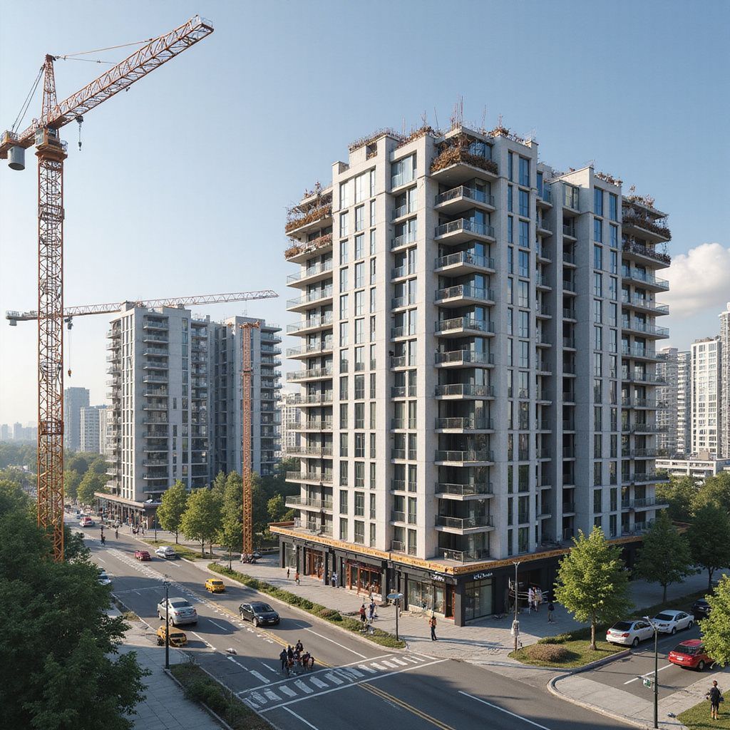 High-rise apartment buildings under construction beside a city street, with a crane overhead.