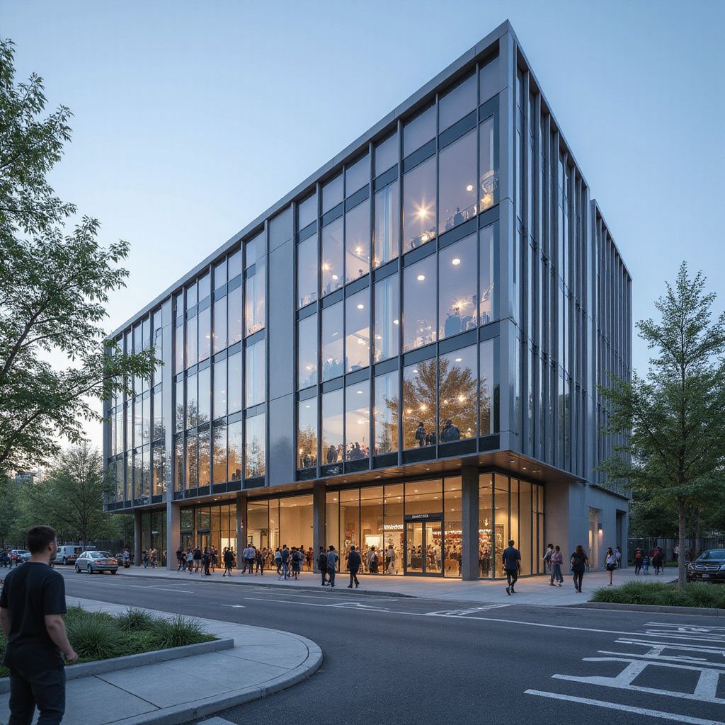 Modern glass office building at dusk with warm interior lights and people walking outside