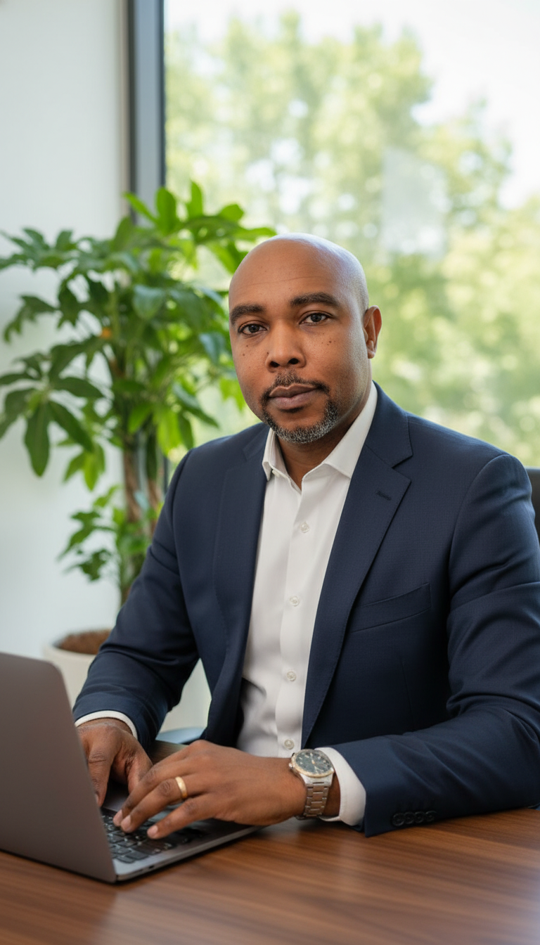 CEO in a navy blazer working on a laptop at a wooden desk in a bright office.