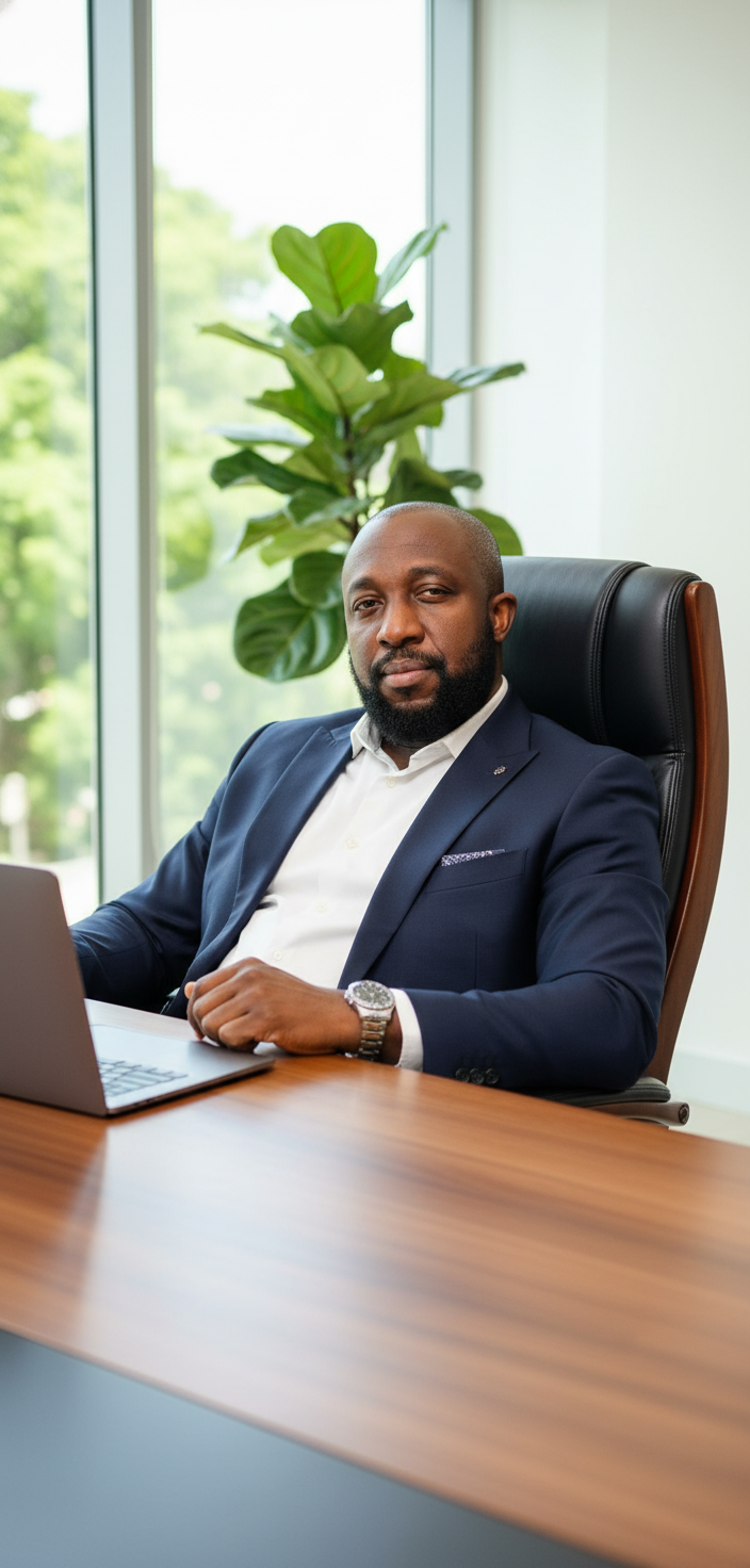 Businessman seated at a desk in a bright office with a laptop and plant