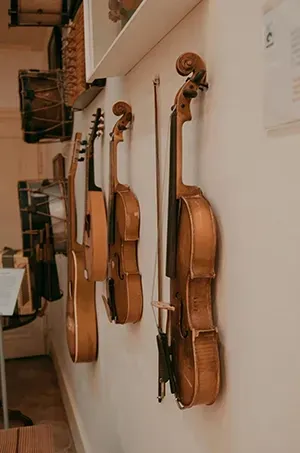 Several wooden string instruments, including violins and a lute, hang vertically on a plain, light-colored wall.