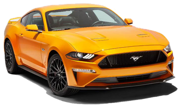 Orange Ford Mustang coupe with black wheels parked against a plain white background.