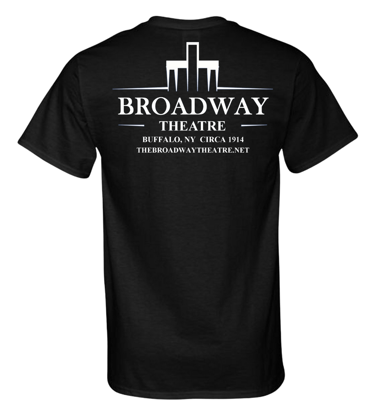 A black t-shirt back printed with the white Broadway Theatre logo, location, and website.